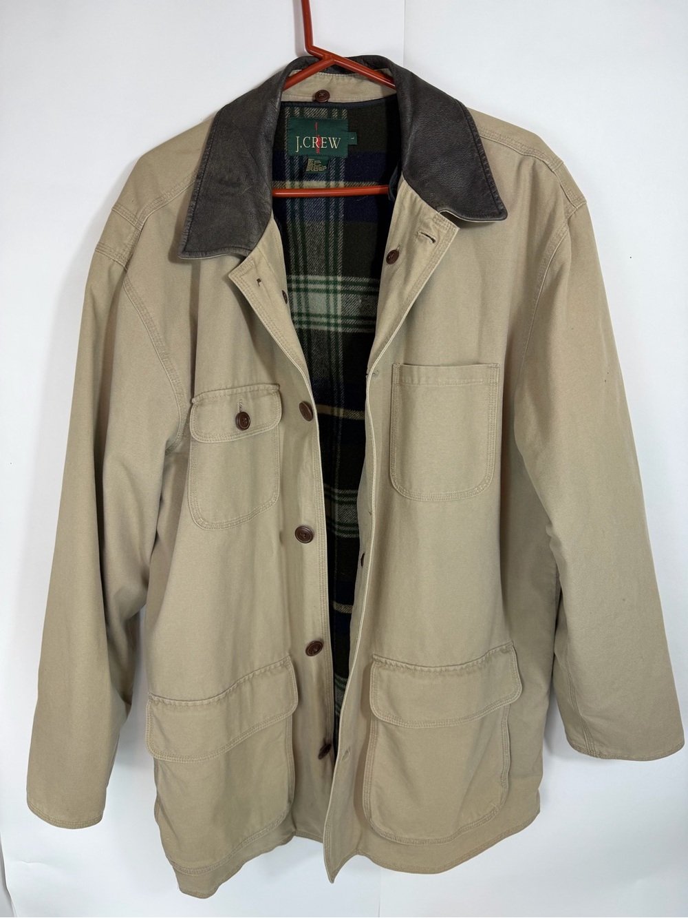 VTG 90s J.Crew Men's Canvas Barn Jacket Wool Plaid Lined Tan L leather collar